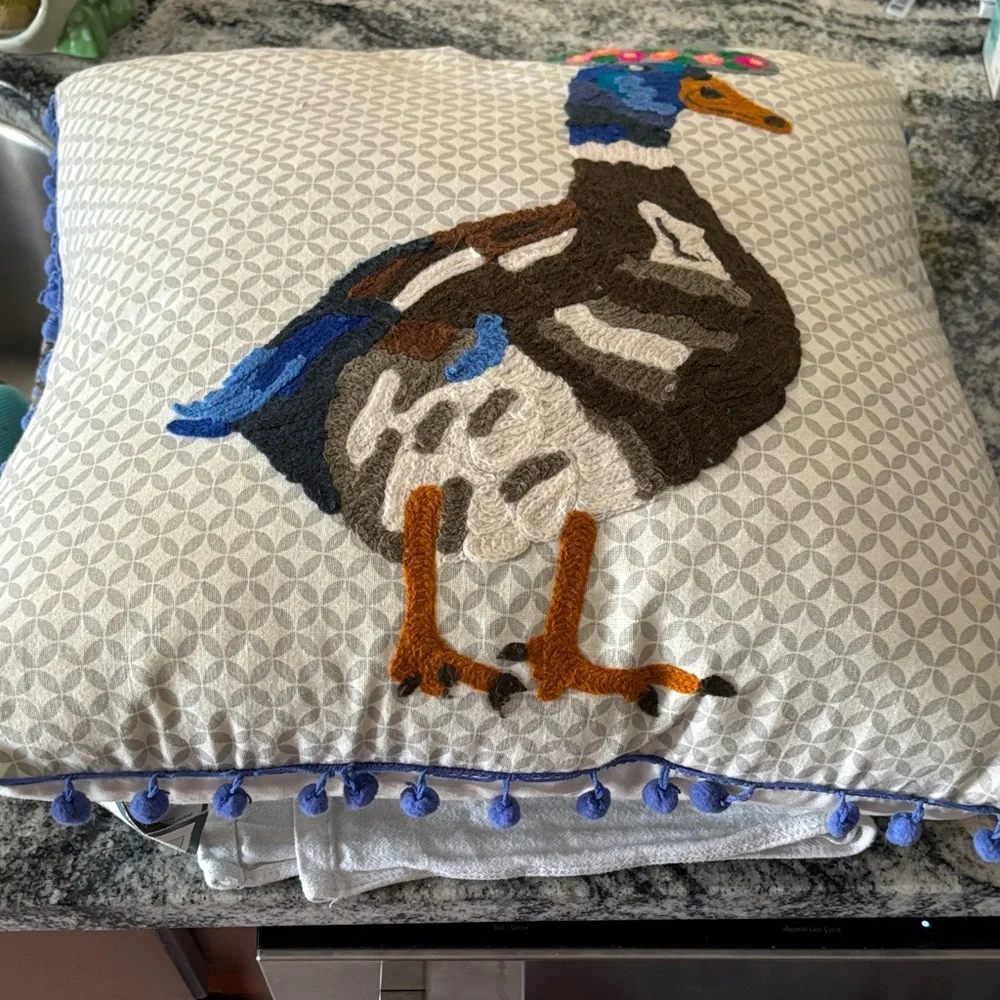 Karma Living hooked Decorative Duck Pillow with Blue Pom Poms! NWT